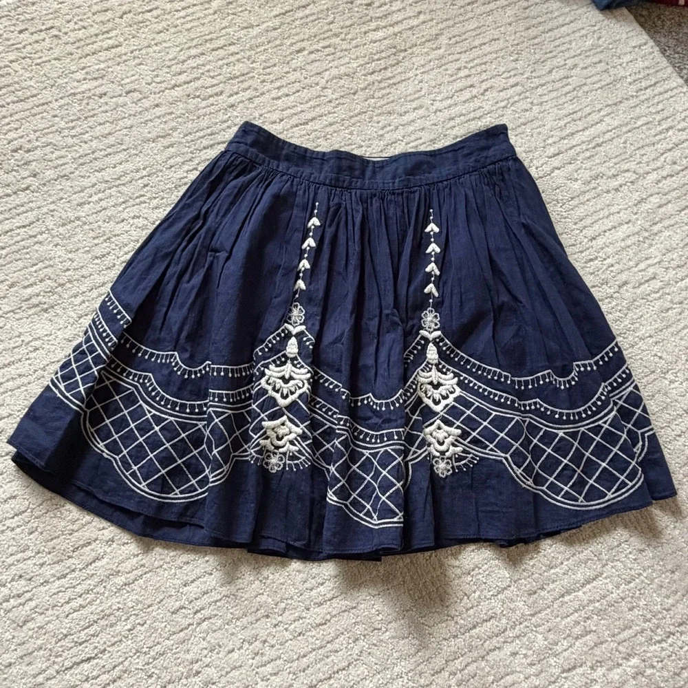 Quiksilver Navy Blue Embroidered 100% Cotton Mini Skirt Beachy Boho XS Feminine